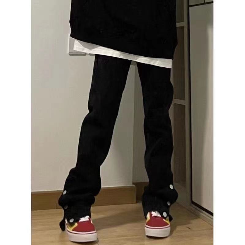 韩版ins高街复古牛仔裤女秋季新款黑色潮牌开叉修身排扣直筒长裤