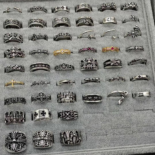 泰银十字架戒指复古镀S925纯银朋克情侣对戒小众设计梵文嘻哈指环