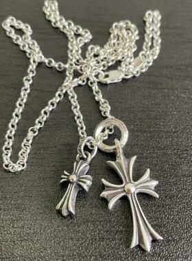 经典泰银双十字架项链镀S925纯银嘻哈叠戴圆珠大小十字架长款颈链