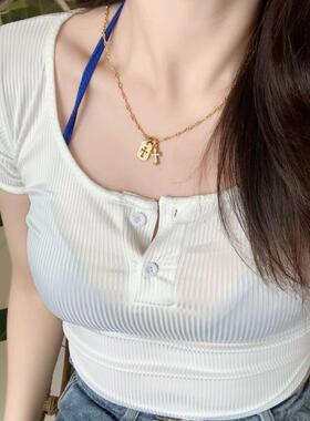 泰银满钻十字架吊牌项链镂空军方牌镀S925纯银吊坠叠戴麻花锁骨链