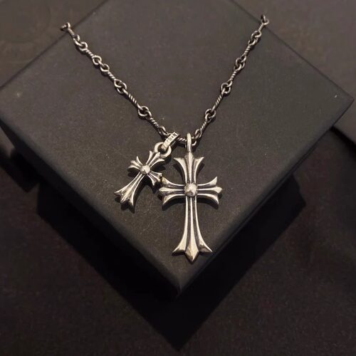 王嘉尔双十字架泰银朋克麻花项链