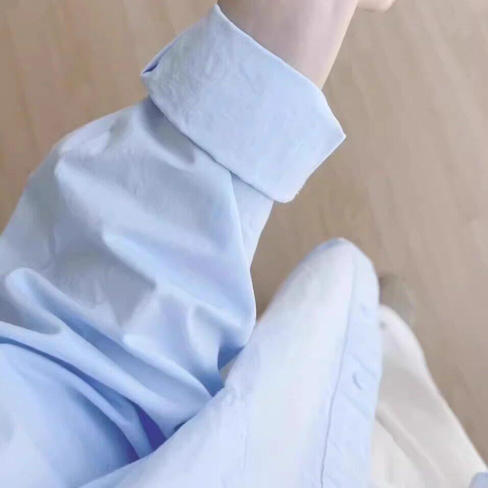 纯棉蓝色衬衫女春秋2025新款翻领内搭长袖衬衫外穿小个子韩系上衣