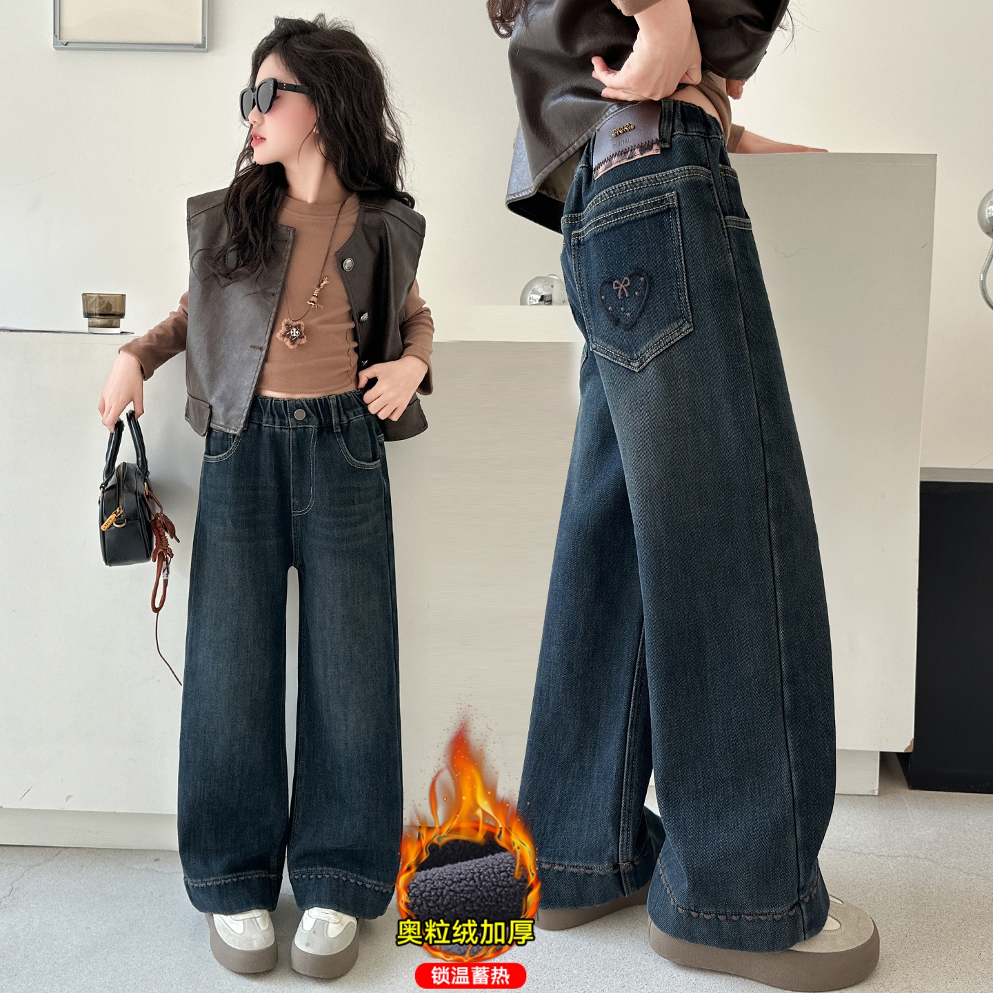 女童牛仔裤加绒加厚保暖直筒裤