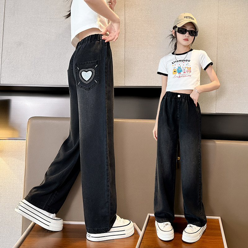 女童裤子牛仔裤夏装新款中大童洋气宽松直筒裤夏季冰丝阔腿裤薄款