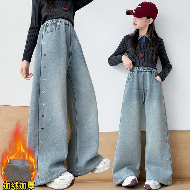 女童牛仔裤加绒加厚保暖直筒裤