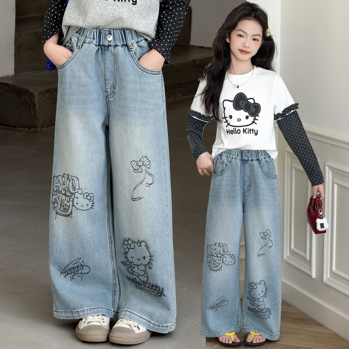 女童裤子牛仔裤春秋装新款中大童洋气宽松直筒裤韩版休闲阔腿长裤