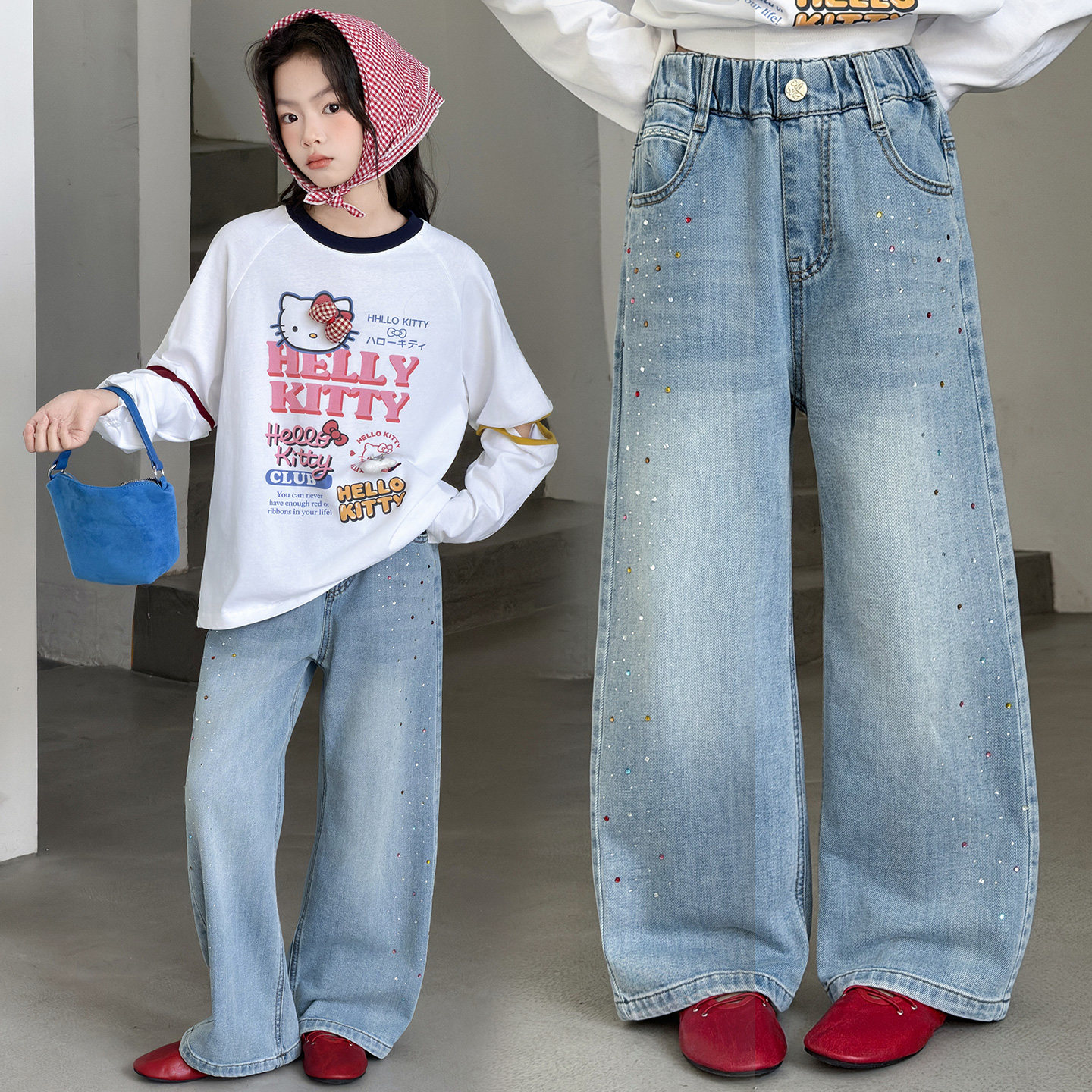 女童裤子牛仔裤春秋装2026新款中大童洋气烫钻直筒裤韩版休闲长裤