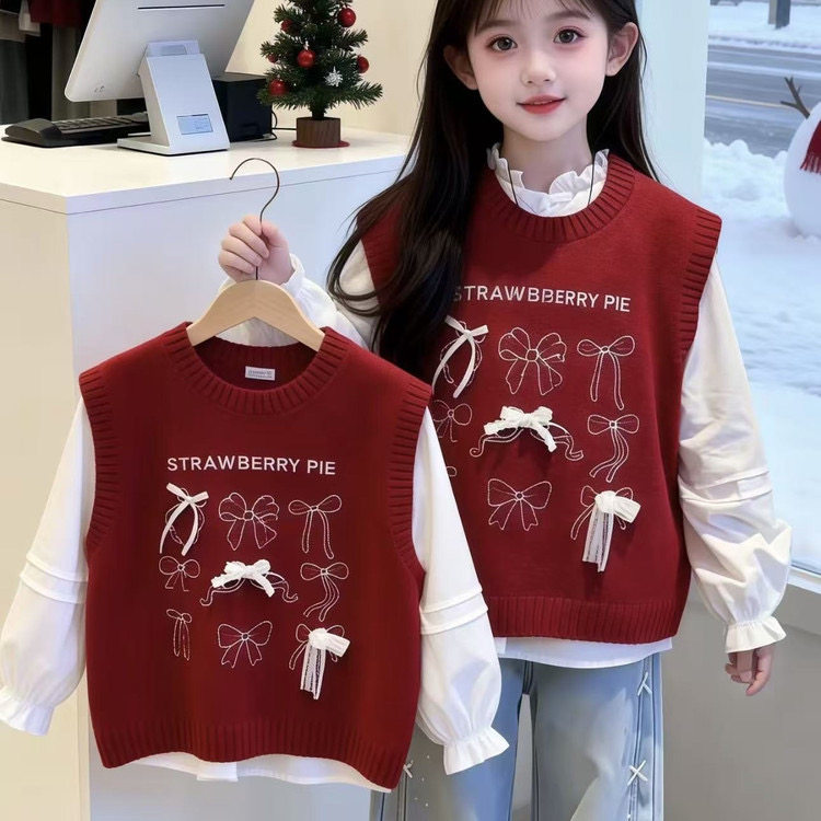 女童马甲套装春秋装2026新款中大童网红针织马甲背心衬衫两件套潮