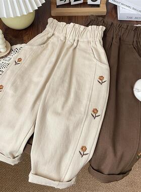 女宝宝花朵刺绣哈伦裤2025春季新款儿童春秋装裤子女童洋气休闲裤