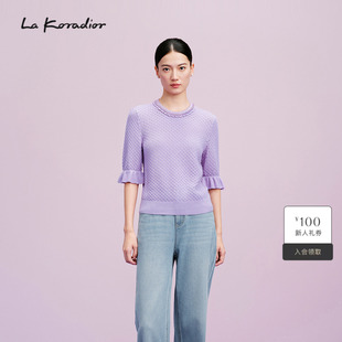 Lakoradior拉珂蒂名媛新款 荷叶袖 钉珠镂空针织衫 商场同款