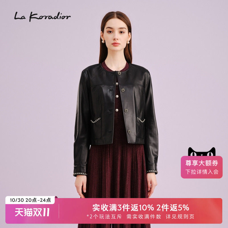 La Koradior拉珂蒂商场同款通勤秋季新款时尚绵羊皮革外套短上衣
