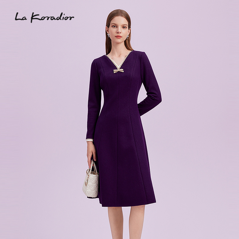 【羊毛】La Koradior拉珂蒂商场同款法式奢雅气质礼服裙v领连衣裙