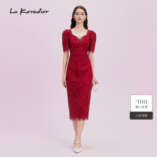 刺绣一步连衣裙女 文艺提花中腰通勤时尚 Lakoradior拉珂蒂夏季 新款