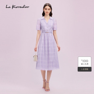 翻领格子裙 连衣裙女春季 Lakoradior拉珂蒂商场同款 优雅淡紫短袖