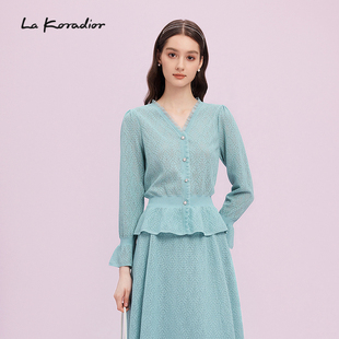 浅蓝针织上衣女V领荷叶边优雅 新款 Lakoradior拉珂蒂商场同款 春季