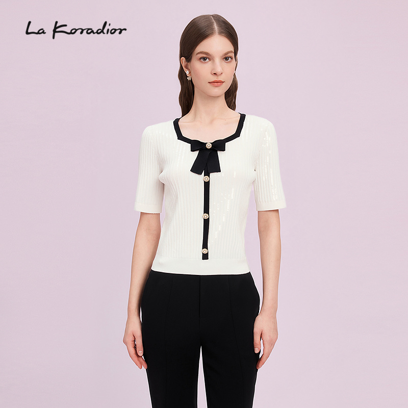 Lakoradior拉珂蒂商场同款白色短袖针织衫女优雅蝴蝶结装饰上衣