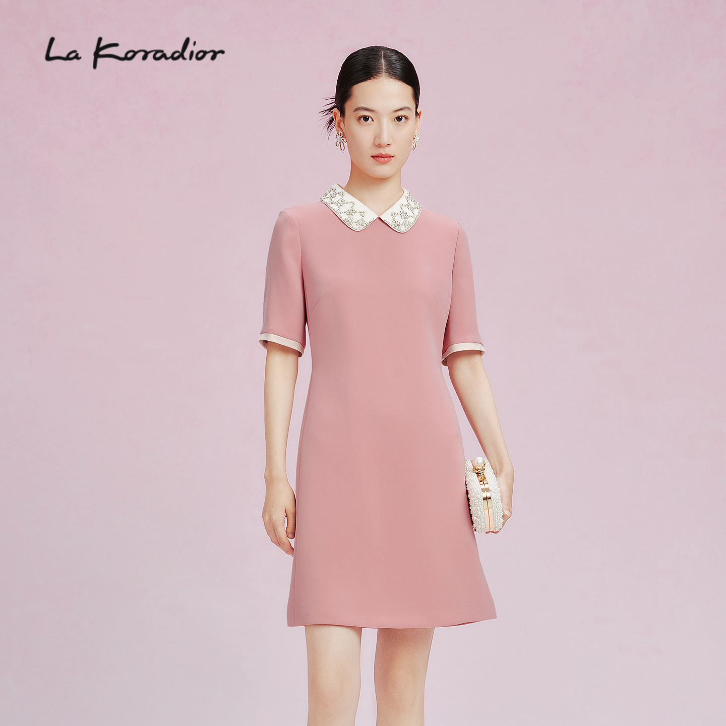 【法式洋装裙】La Koradior拉珂蒂商场同款压褶拼接钉珠连衣裙
