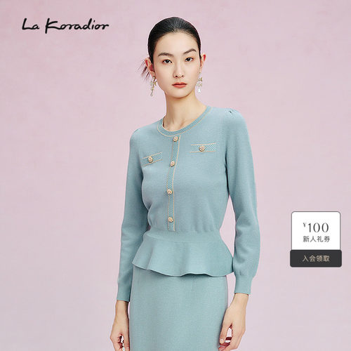 【羊毛】La Koradior拉珂蒂春季新款圆领单排扣针织小衫纯色上衣