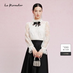 外穿时尚 蕾丝气质优雅上衣白色打底衫 法式 Koradior拉珂蒂秋季