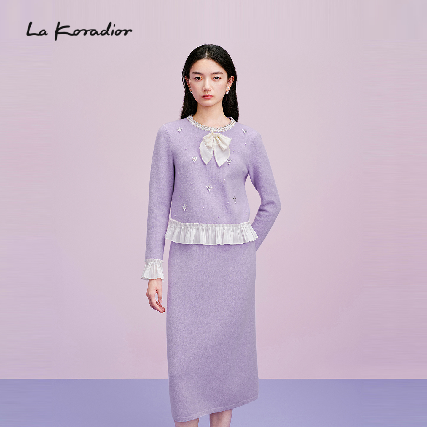 【商场同款】Lakoradior拉珂蒂通勤优雅秋冬新款钉珠蝴蝶结针织衫