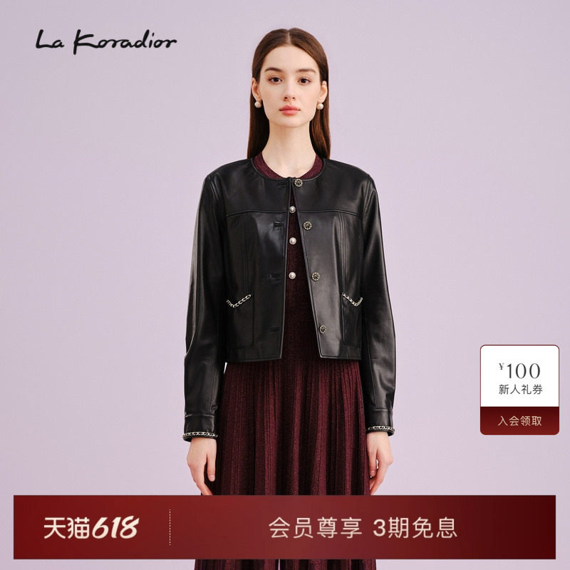 La Koradior拉珂蒂商场同款通勤秋季新款时尚绵羊皮革外套短上衣