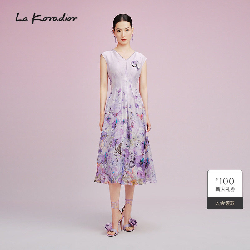 La Koradior拉珂蒂2025夏油画蝴蝶兰印花桑蚕丝艺术洋装连衣裙女图片