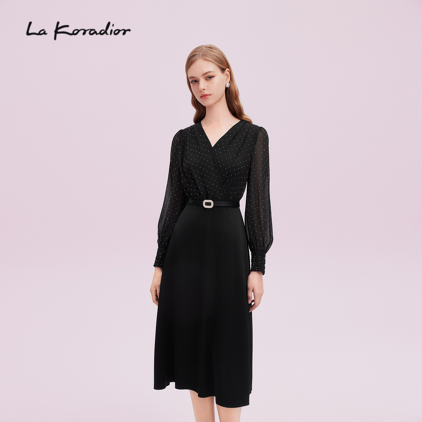La Koradior拉珂蒂通勤优雅商场同款秋季新款烫钻工艺连衣裙女