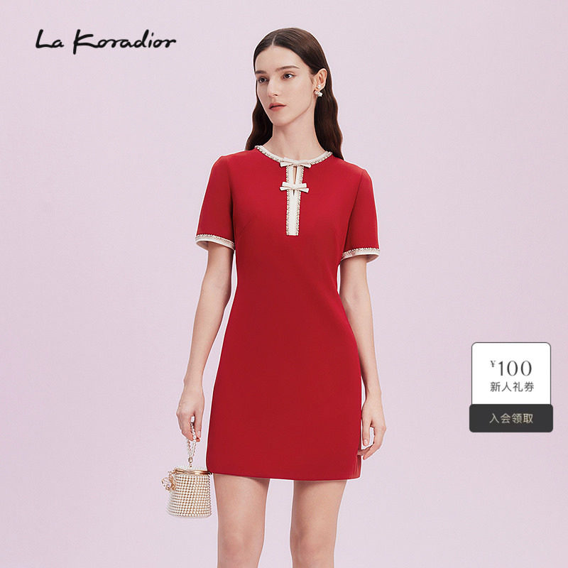 【法式洋装裙】Lakoradior拉珂蒂商场同款红色蕾丝领春夏连衣裙