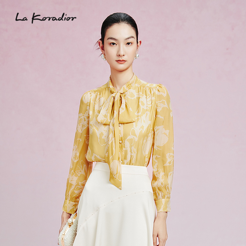 【桑蚕丝】La Koradior拉珂蒂春季新款法式系带领印花真丝上衣女