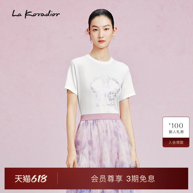 La Koradior拉珂蒂新款圆领白色蝴蝶兰烫钻纯棉T恤衫上衣通勤女