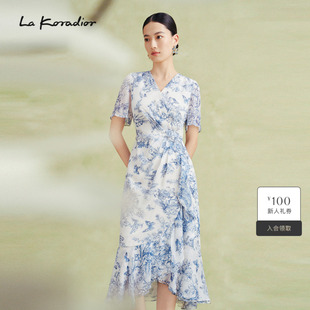 100桑蚕丝印花中长茶歇连衣裙女 通勤新款 Koradior拉珂蒂夏季