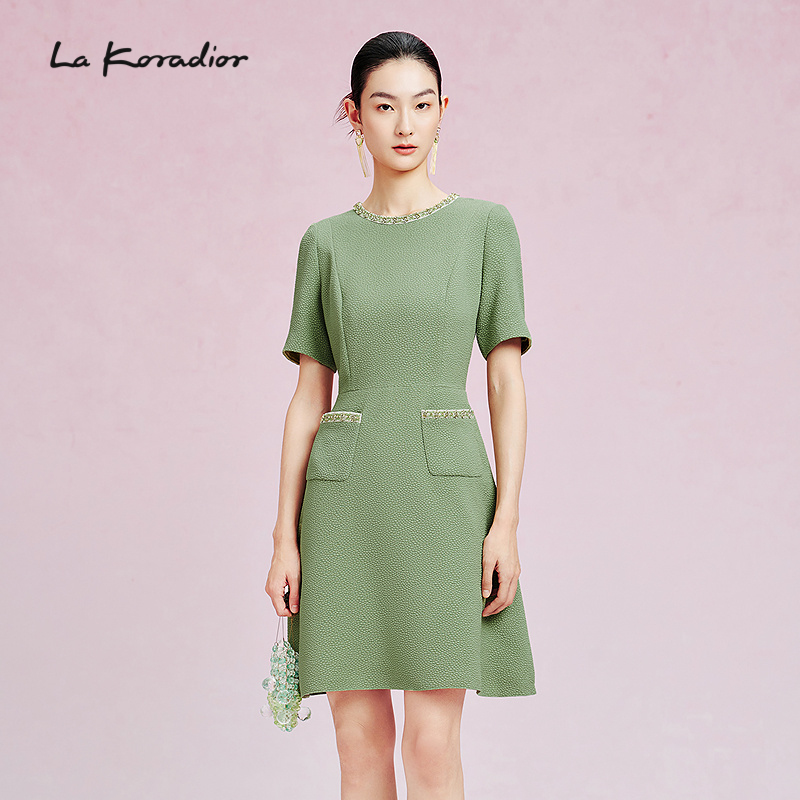 【欧洲进口料】La Koradior拉珂蒂绿色圆领a字连衣裙修身洋装裙