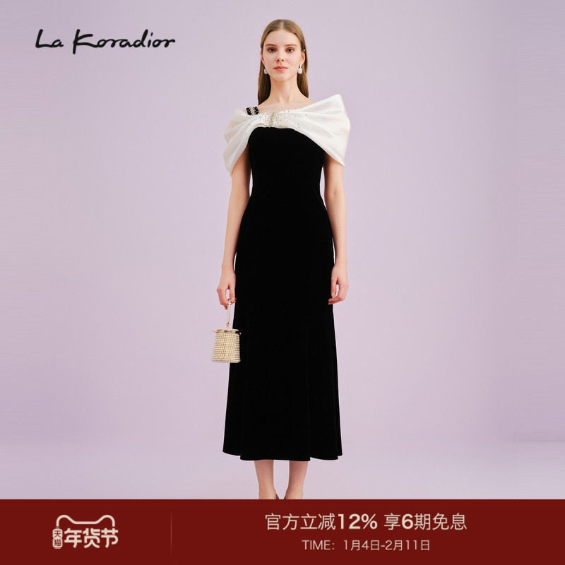 【商场同款】La Koradior拉珂蒂秋季拼接黑白礼服裙中长款鱼尾裙,女装/女士精品,连衣裙,淘宝优惠券,粉丝福利购,淘宝优惠卷