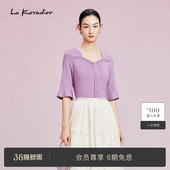 Koradior拉珂蒂春季 女七分袖 新款 针织套头衫 气质上衣 v领喇叭袖