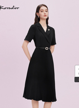 Lakoradior拉珂蒂商场同款时尚黑色蝴蝶装饰西装领短袖连衣裙女装