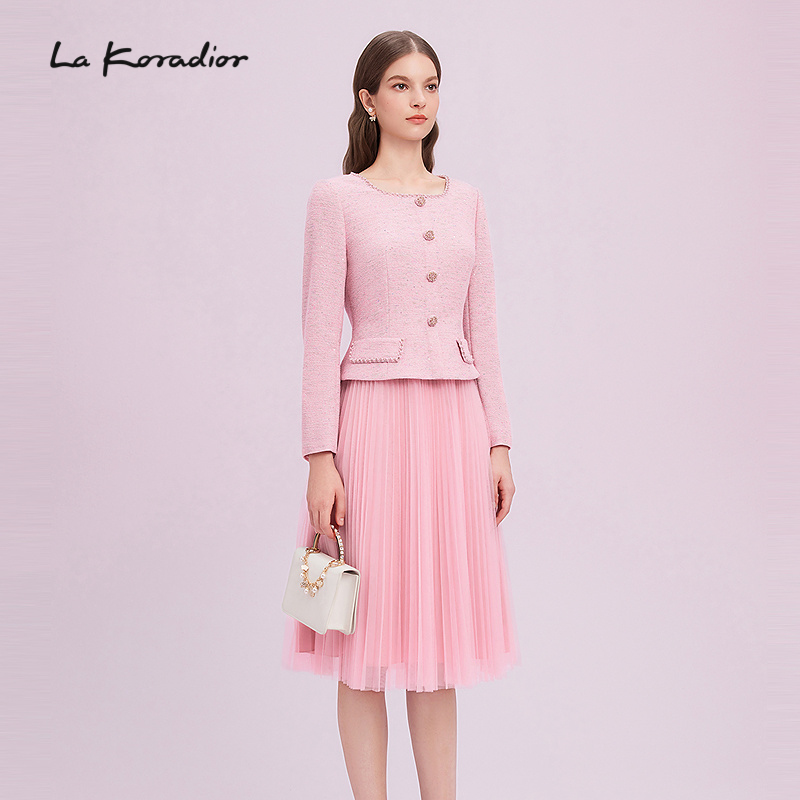 La Koradior拉珂蒂商场同款异材拼接香风气质假两件连衣裙a字长裙