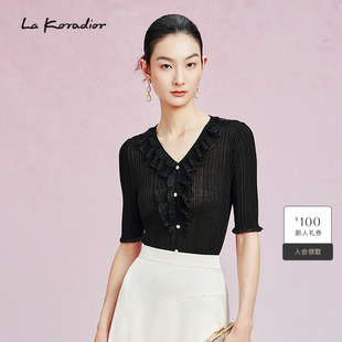 女v领短袖 荷叶边饰优雅气质套头衫 新款 上衣 Koradior拉珂蒂春季