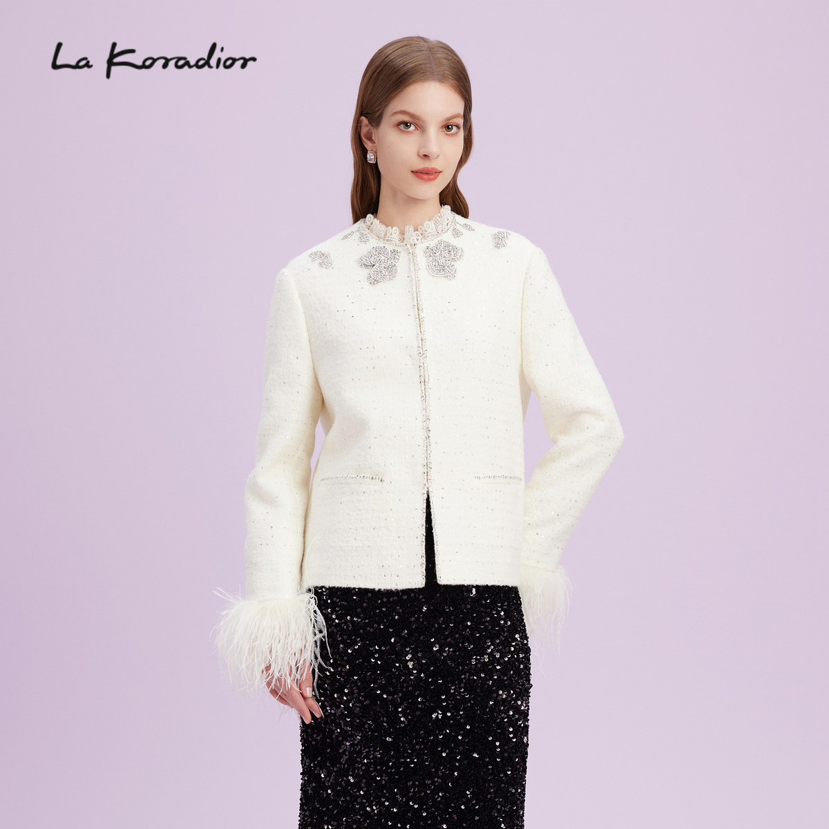 La Koradior拉珂蒂秋商场同款新款圆领钉珠长袖外套通勤上衣女