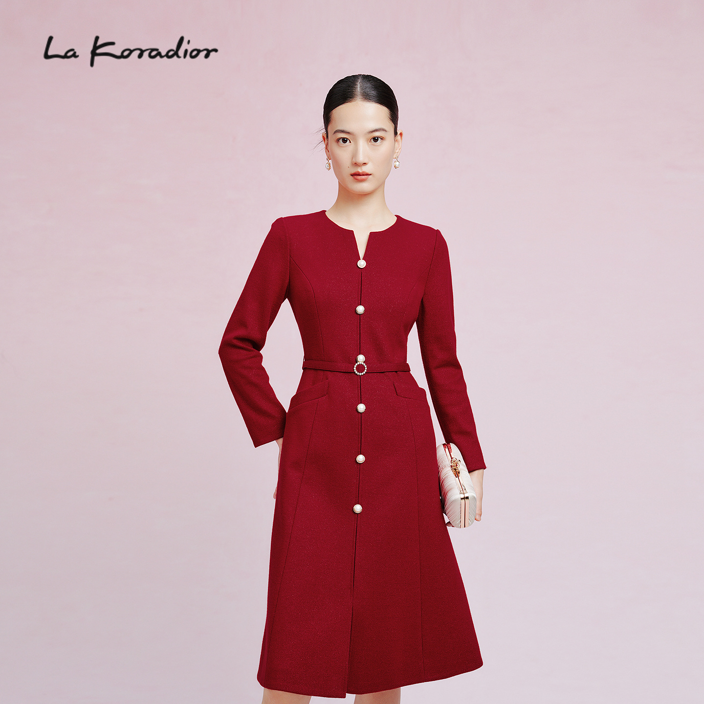 【商场同款】Lakoradior拉珂蒂优雅秋冬新款气质收腰珍珠扣连衣裙