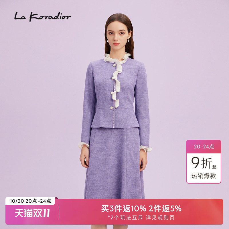 La Koradior拉珂蒂通勤商场同款新款花边领双排扣气质上衣短外套