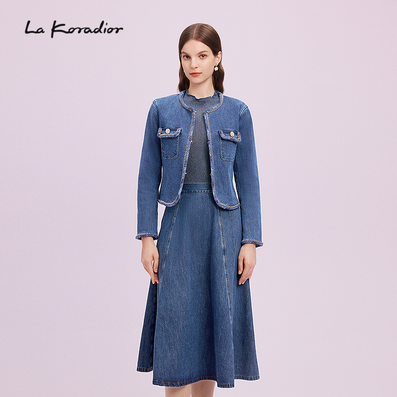 La Koradior拉珂蒂女商场同款秋季新款修身圆领时尚水洗牛仔外套