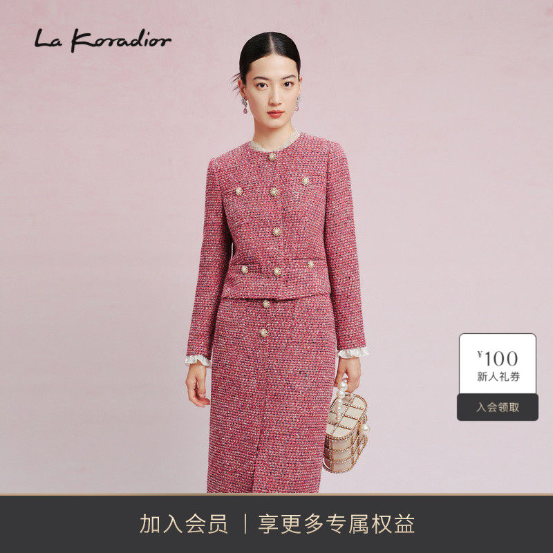 La Koradior拉珂蒂时尚春新款圆领气质翻领单排扣短外套香风上衣
