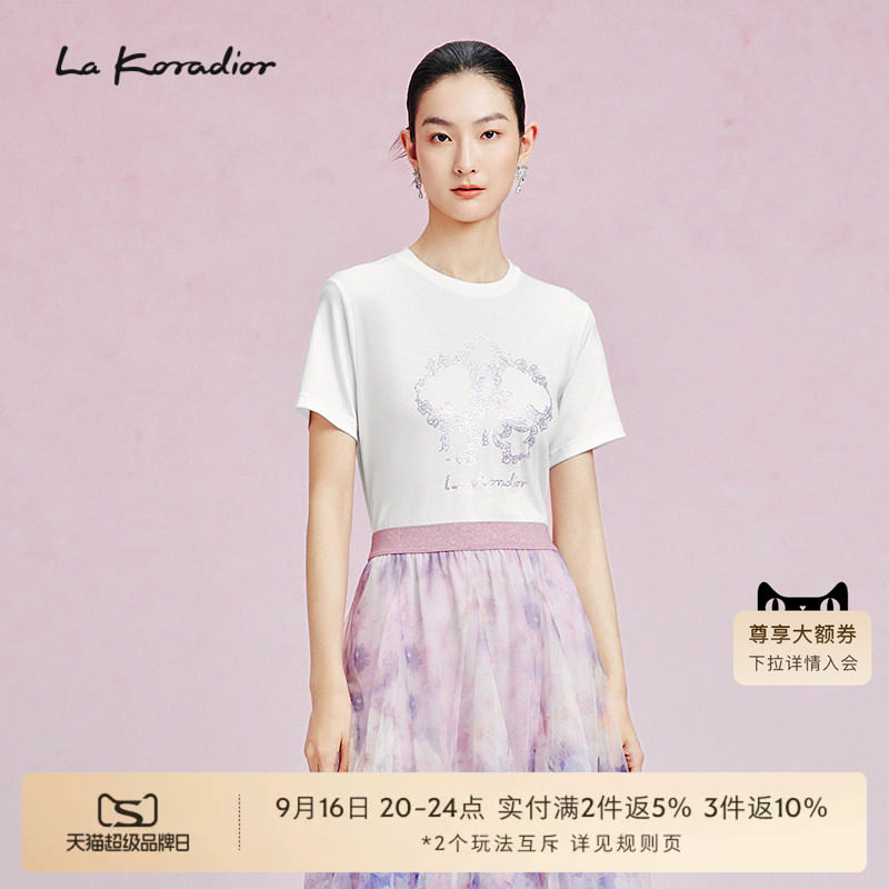 La Koradior拉珂蒂新款圆领白色蝴蝶兰烫钻纯棉T恤衫上衣通勤女