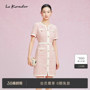 La Koradior拉珂蒂新款格纹花纱香风气质单排扣v领短袖连衣裙女