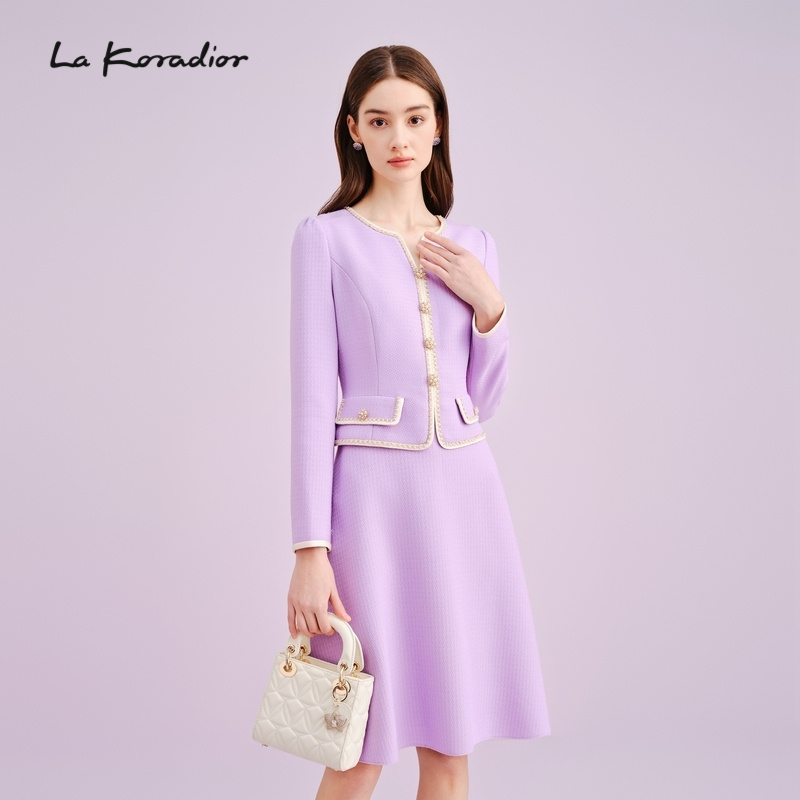 La Koradior拉珂蒂商场同款时尚秋新款气质香风假两件钉珠连衣裙