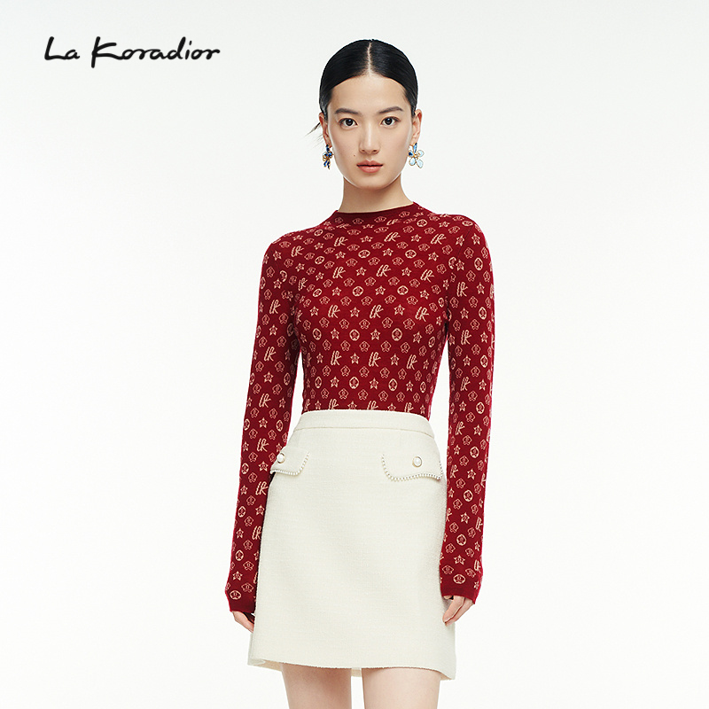 【羊毛】La Koradior拉珂蒂时尚秋季印花打底羊毛针织衫套头衫女