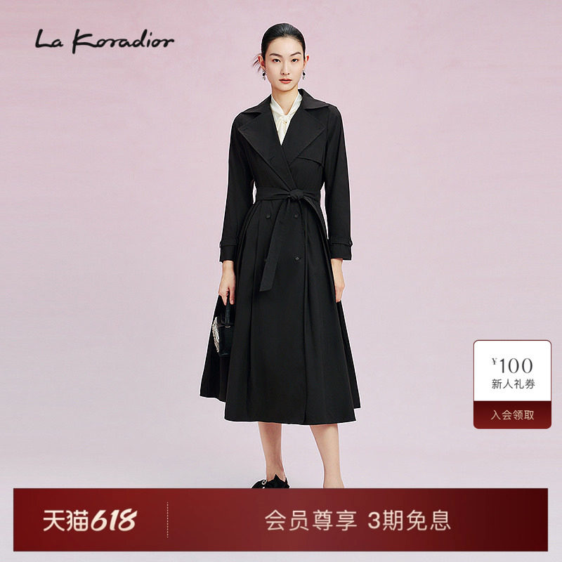La Koradior拉珂蒂春款黑色双排扣气质西装领过膝长款风衣外套女