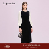 Koradior拉珂蒂商场同款 气质优雅丝绒拼接礼服裙侧开叉长裙女