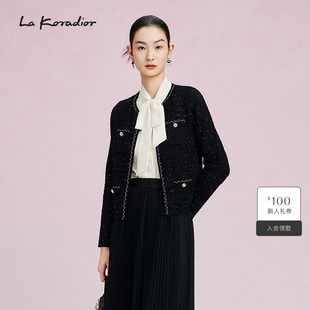 法式 香风气质针织外套黑色女 新款 Koradior拉珂蒂春季 羊毛