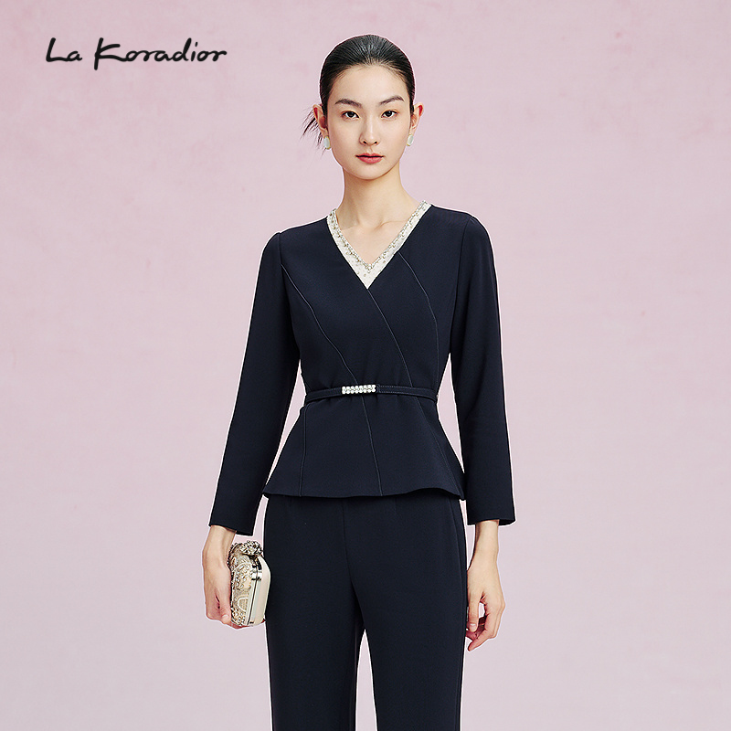 【进口三醋酸】La Koradior拉珂蒂v领简约小衫收腰长袖上衣